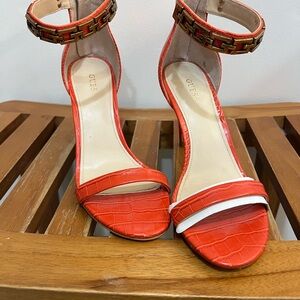 Guess Orange Croc-Embossed Heels with Brass Accents
